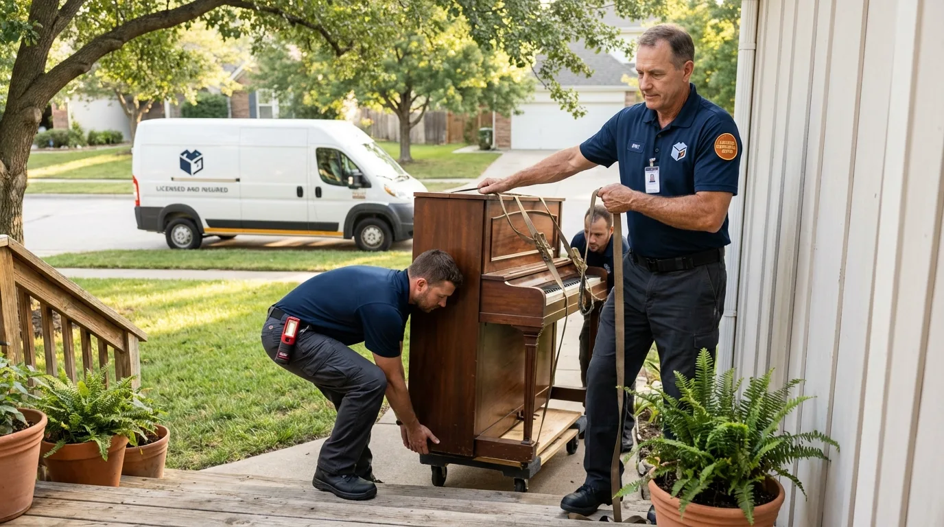 Licensed piano movers securing grand piano in Fremont, NE