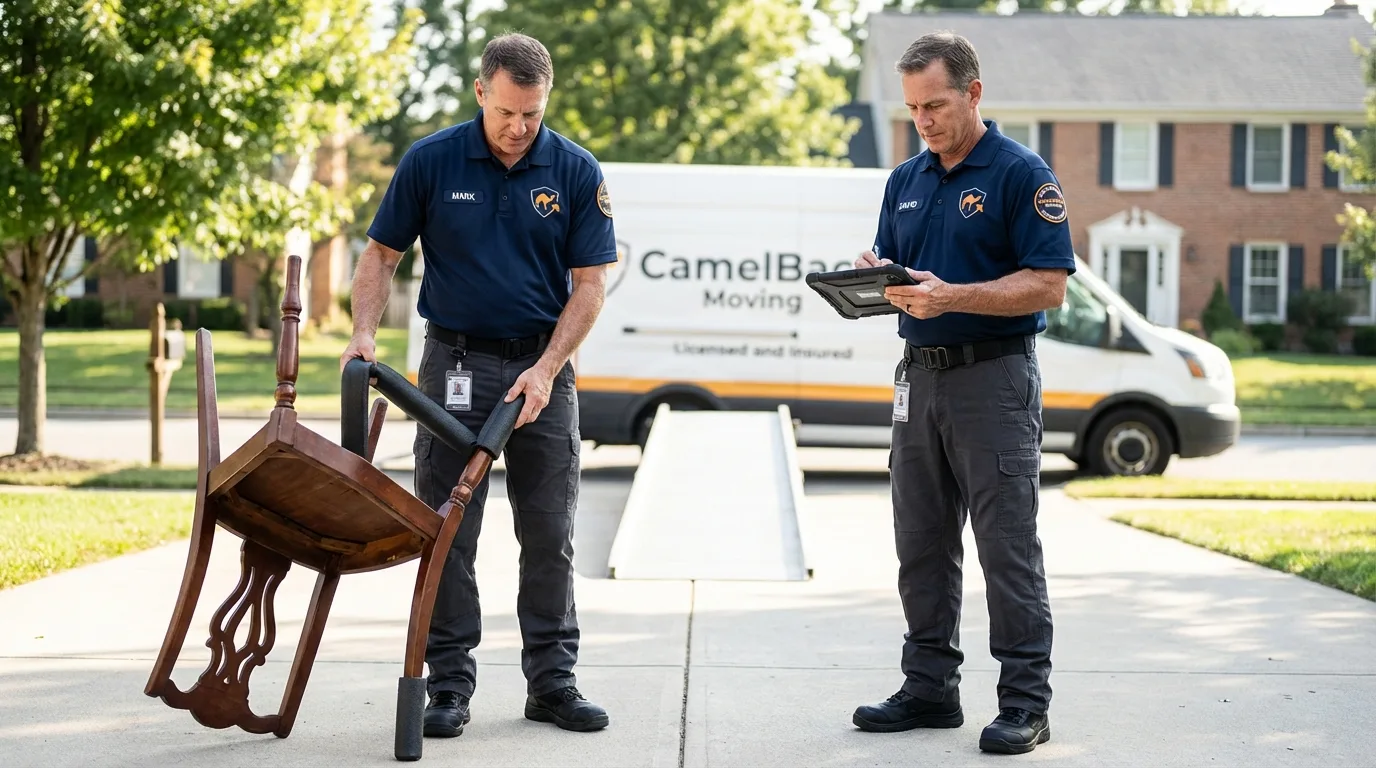 Movers inspecting furniture for damage prevention before loading in Fremont, NE