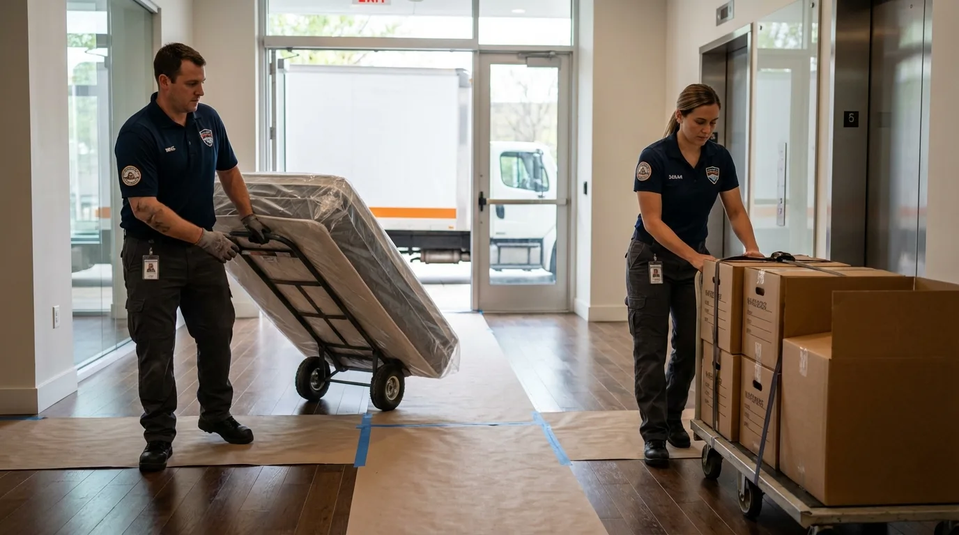 Professional apartment movers loading elevator in Fremont, NE